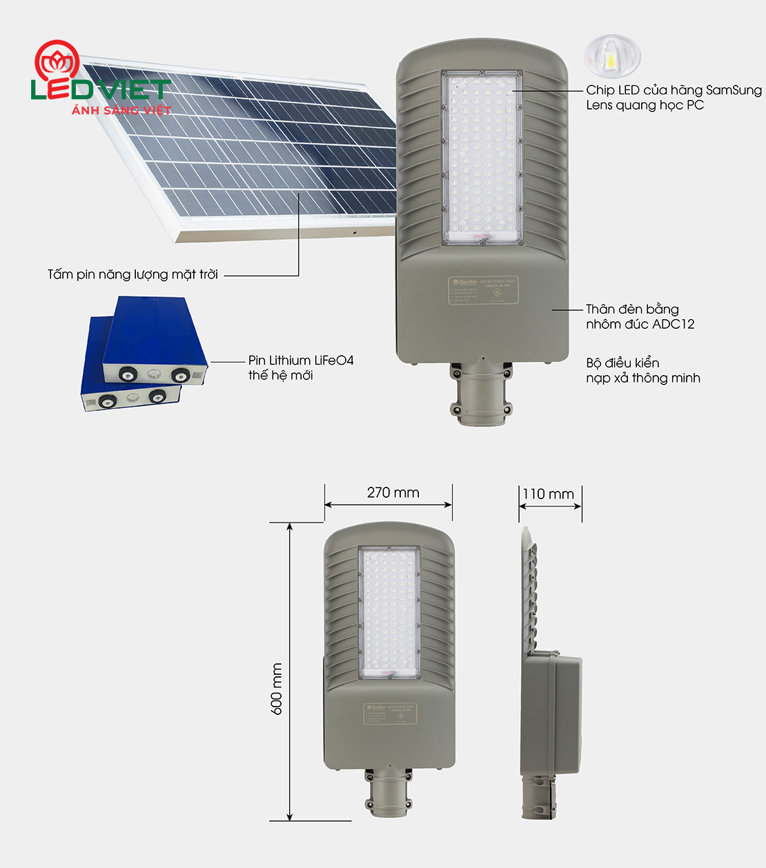 Cấu tạo đèn đường năng lượng mặt trời Rạng Đông CSD02.SL.RF 50W